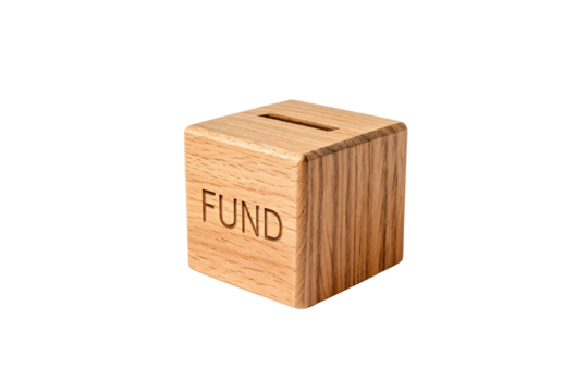 Wooden cube piggy bank with "FUND" text and coin slot, isolated on a transparent background