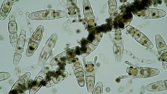 Microscopic view of various loricate lorica microorganisms under a pale light backdrop