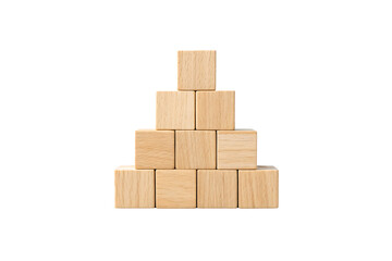 Wooden building blocks arranged in pyramid formation with ten natural wood cubes stacked in rows, isolated on a transparent background