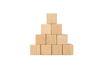 Wooden building blocks arranged in pyramid formation with ten natural wood cubes stacked in rows, isolated on a transparent background
