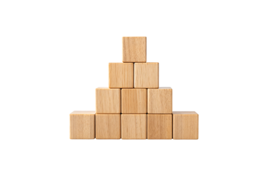 Wooden building blocks arranged in pyramid formation with ten natural wood cubes stacked systematically, isolated on a transparent background