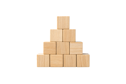 Wooden building blocks arranged in pyramid formation with ten natural wood cubes stacked in rows, isolated on a transparent background