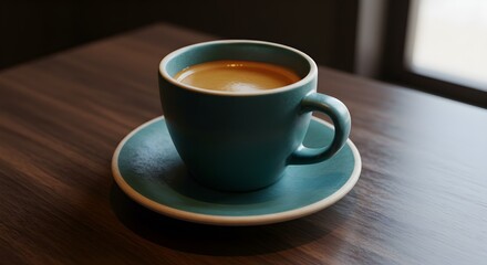 Teal coffee cup on wooden table