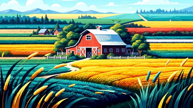 Vibrant stylized view of a rural farmscape with red barn, fields, and blue sky