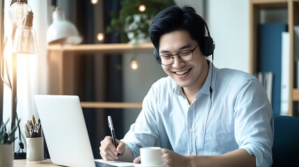Fototapeta premium Smiling asian man working from home wearing headphones and writing on paper with laptop and coffee cup at desk in bright and cozy room