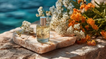Elegant perfume bottle displayed on a stone slab surrounded by wildflowers and ocean views