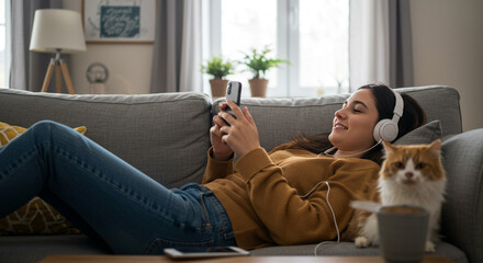 Woman lying on couch with headphones and phone next to a cat in a bright and cozy living room area