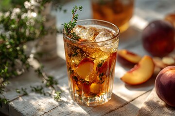 Glass of iced peach tea with fresh thyme and juicy peach slices, placed on a light wood table under warm sunshine.