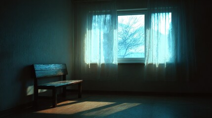Fototapeta premium Cozy Wooden Bench by Bright Window Framed by Lush Green Tree Creating a Tranquil Indoor Escape
