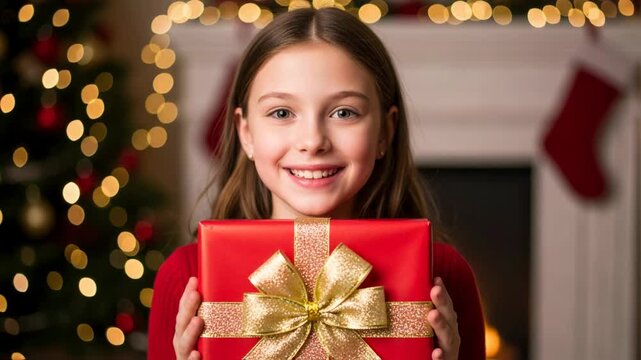 Cheerful girl with long brown hair is joyfully holding a red gift box with a golden bow, set against a backdrop of twinkling Christmas lights and a cozy holiday atmosphere filled with decorations