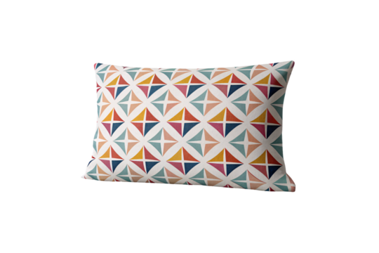 Decorative throw pillow featuring multicolored star burst pattern in warm earth tones, isolated on a transparent background