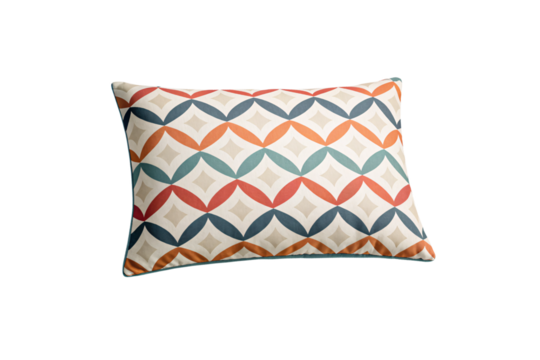 Retro wave pattern throw pillow with interlocking circles in coral teal navy, isolated on a transparent background