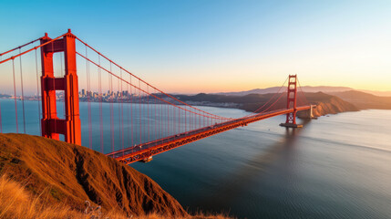 Golden Gate Bridge iconic structure sunset view San Francisco California landscape photography vibrant colors water reflection