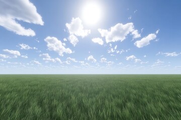 Obraz premium Wide shot of a grassy field under a vibrant blue sky dotted with fluffy white clouds. A bright sun is visible in the upper portion of the image