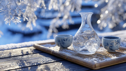 雪降る縁側の氷結冷酒ガラス徳利