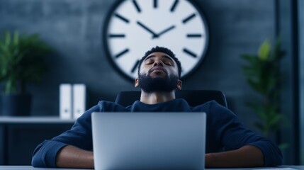 Young man resting in office chair while taking a break from work with a large clock visible in background