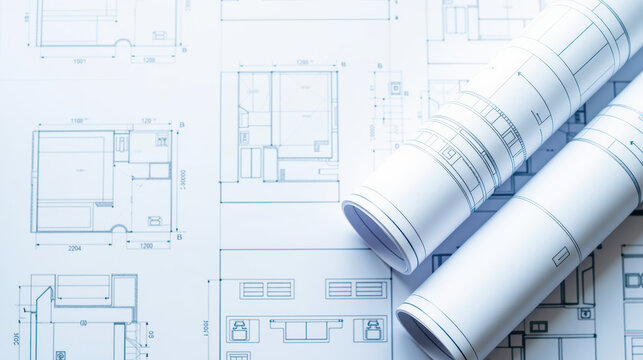 Blueprints and architectural plans rolled up on table, showcasing detailed designs and measurements for construction projects - Powered by Adobe