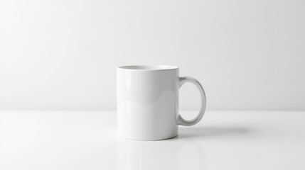 Obraz premium Plain white mug sits on clean surface, showcasing its smooth design and glossy finish, perfect for beverages or custom designs