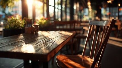 Charming Wooden Table Adorned with Lush Green Plant Creating a Cozy Natural Ambiance for Any Space