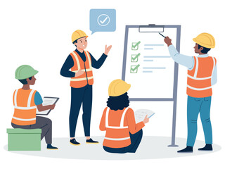 3D cartoon construction worker with a yellow helmet building on the road