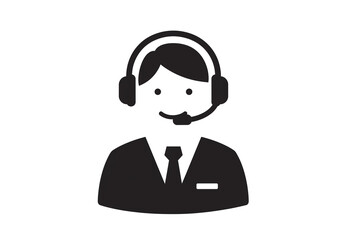 Illustration of a customer service representative with headset in black and white design
