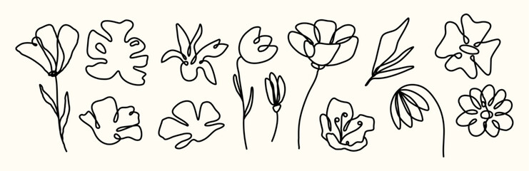 Scribbles and doodles. Set of modern trendy minimalistic elements. Editable stroke. Retro and vintage. Ink and pencil. Hippie. Grunge floral. Aesthetic hand drawn flowers. Clipart