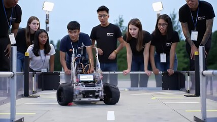 Robot competition team of students watching a small robot on a track - Powered by Adobe