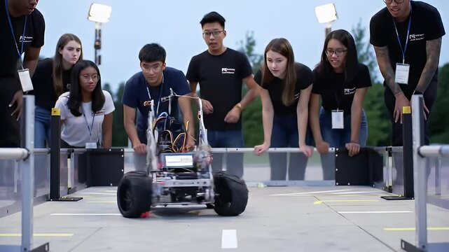 Robot competition team of students watching a small robot on a track