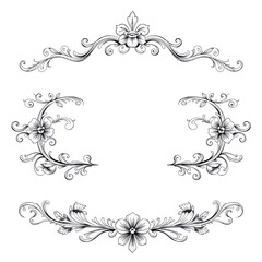 A black and white vintage floral frame with delicate scrolls is isolated on white background