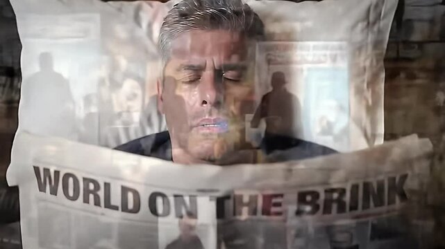 Sweaty man in bed reads a newspaper headline "World on the Brink