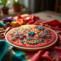 Fototapeta premium Intricate Hand Embroidery with Beads and Thread on Vibrant Fabric