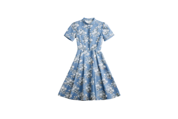 Blue floral dress with white flower pattern, short sleeves, fitted waist, and knee-length hemline, isolated on a transparent background