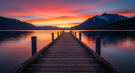 Fototapeta premium A wooden pier extends into a calm lake, reflecting a vibrant sunset over distant mountains.