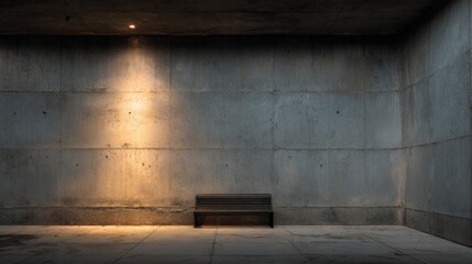 Solitary Bench in Minimalist Concrete Room Illuminated by Soft Natural Light Creating a Calm Atmosphere