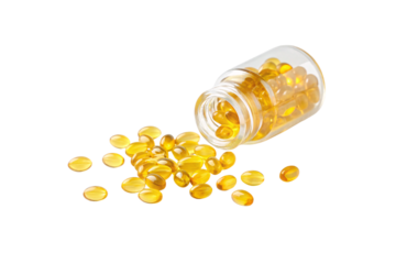Glass jar tipped over spilling golden vitamin capsules, omega-3 supplements scattered on clean surface, isolated on a transparent background