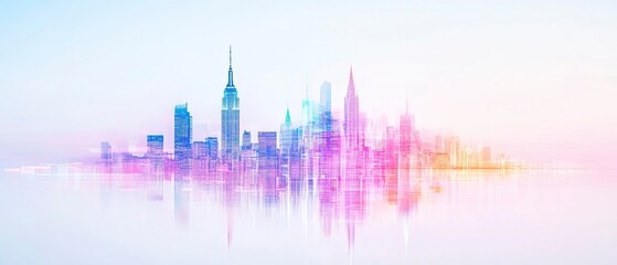A vibrant New York City skyline blends with the artistic concept of a medieval castle. Modern architecture collides with history in a surreal digital watercolor representation