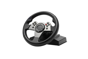 Racing wheel controller with black leather grip and silver center hub for simulation gaming, isolated on a transparent background