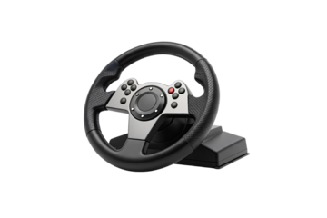 Racing wheel controller with black leather grip and silver center hub for simulation gaming, isolated on a transparent background