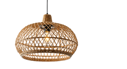 Elegant woven rattan pendant lamp hanging against a dark backdrop, illuminating the space with a warm glow, ideal for home decor