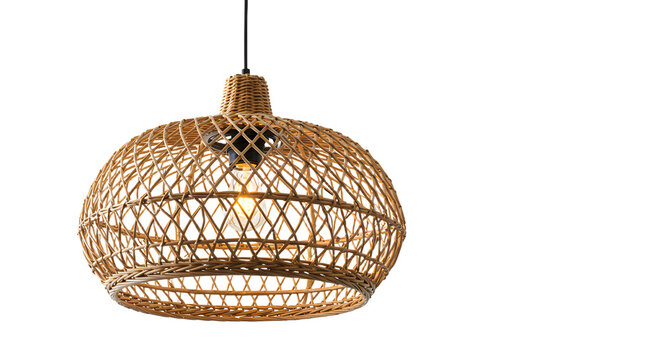 Elegant woven rattan pendant lamp hanging against a dark backdrop, illuminating the space with a warm glow, ideal for home decor - Powered by Adobe