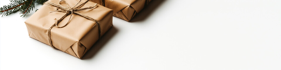 Festive holiday gifts in rustic paper on a white background with copy space