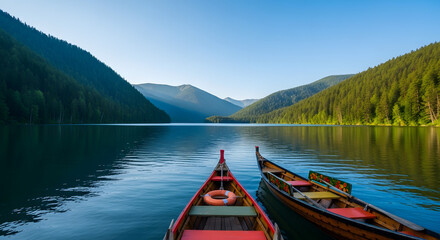 Two canoes rest on a tranquil lake surrounded by lush green mountains under a clear blue sky.