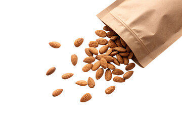Whole almonds pouring from golden brown paper bag with nuts scattered in natural falling pattern, isolated on a transparent background