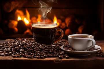 Cup of black coffee with roasted beans and fire in cozy background