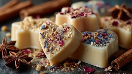 Fototapeta premium Handmade organic soy wax melts shaped like stars hearts arranged in a flat lay with cinnamon and dried petals