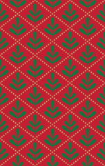 Seamless Christmas Damask Mistletoe Pattern On Red Background
