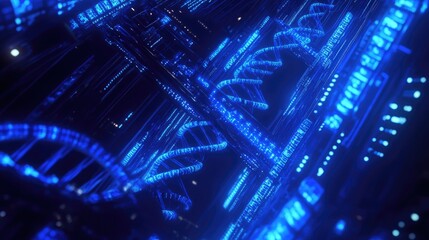 Naklejka premium Sleek digital background with radiant blue DNA structures floating in a tech-inspired space ideal for innovation banners and scientific templates
