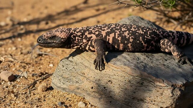Gila Monster Lizard Basking on Rock Under Harsh Desert Sunlight