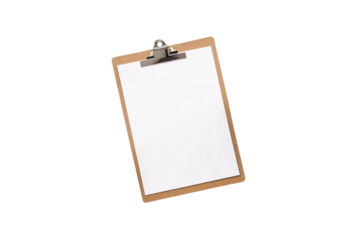Wooden clipboard with blank white paper sheet and metal clip viewed from above, isolated on a transparent background