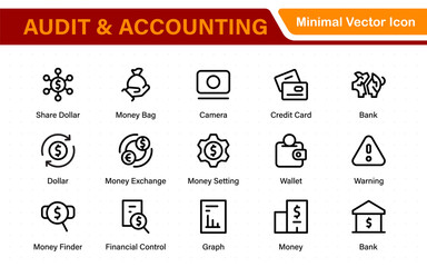 Set of line icons related to accounting, audit, and taxes. Outline icon collection. Business symbols.Income set. Containing money, tax, earnings, payment, paycheck, work, pension, and wages icons.